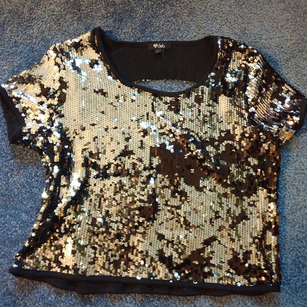 DEB LADIES' LARGE BLACK AND SILVER SEQUIN TOP SHIRT PARTY